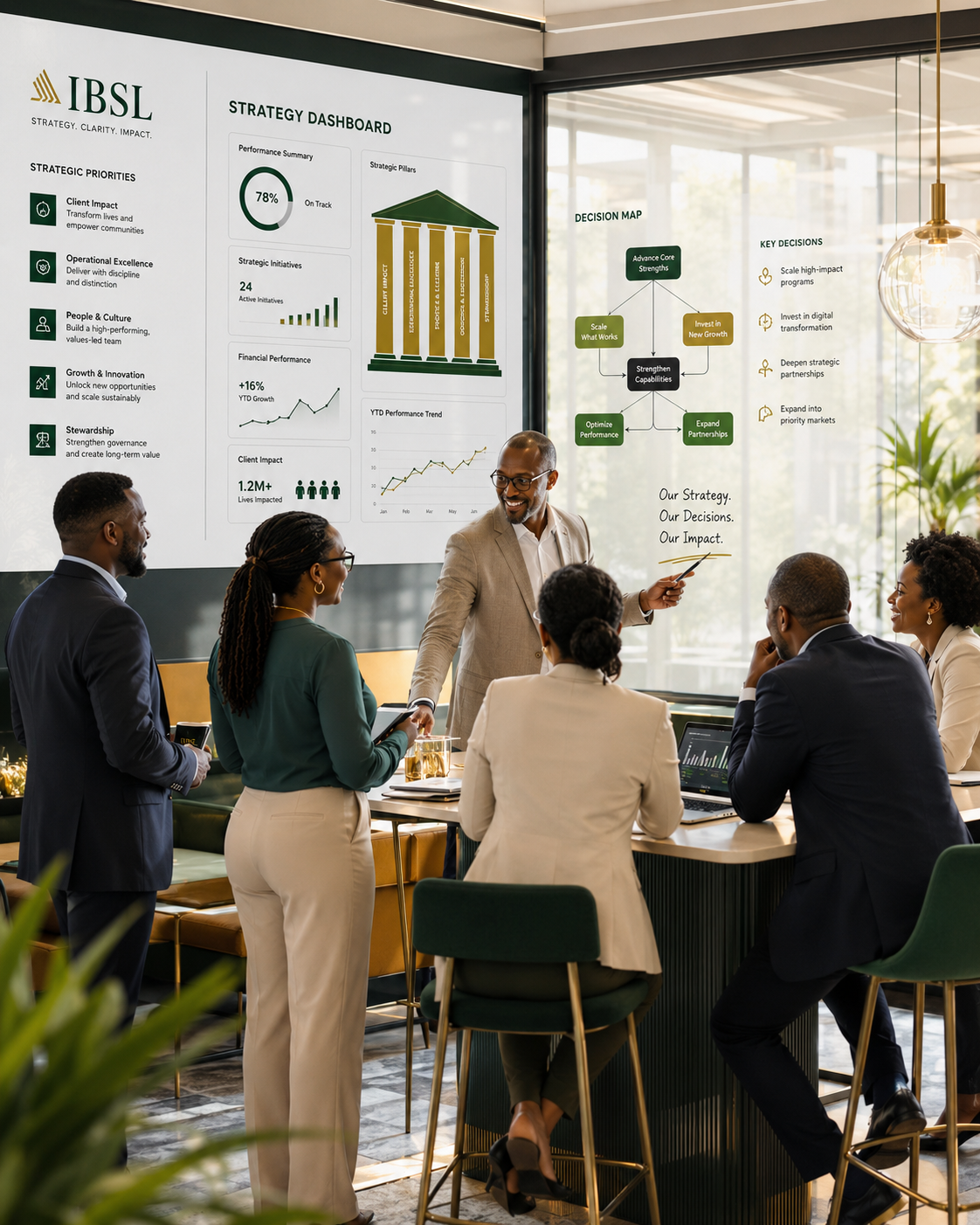 Executive team reviewing a strategy dashboard and decision map
